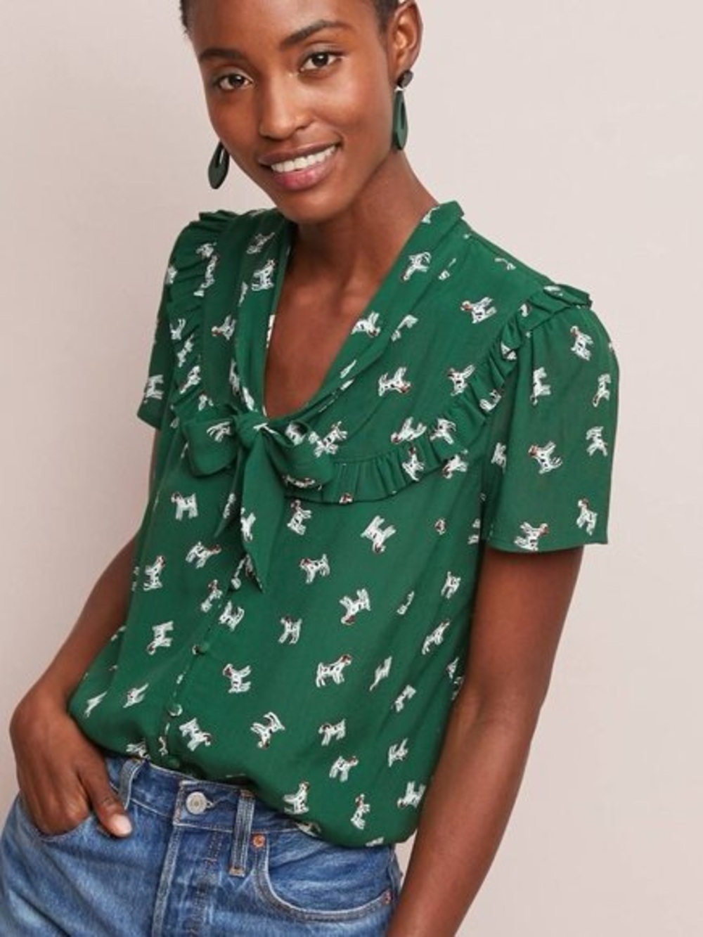 Maeve by Anthropologie Adagio Ruffled Blouse with Novelty Dog Print Whimsical M